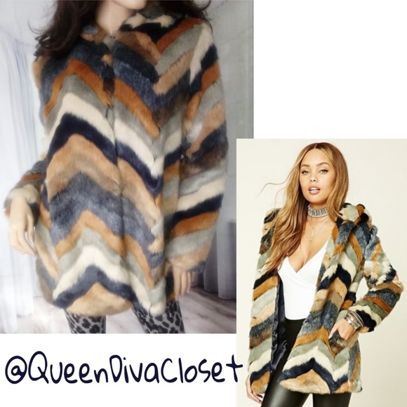 Forever 21 Jackets & Blazers - F21 blue grey tan faux fur chevron coat jacket L
